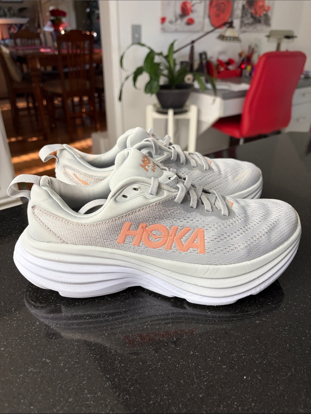 Hoka Women's Light Gray Running Shoes with Peach Logo